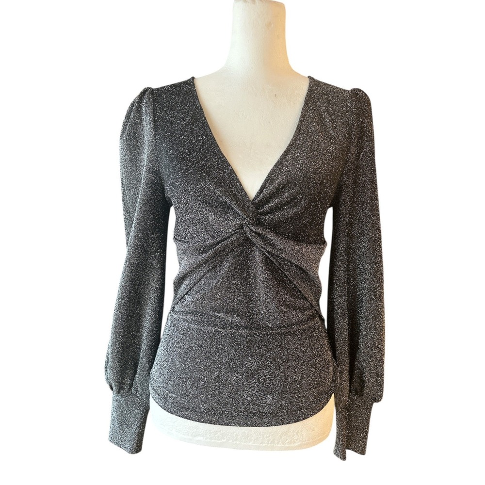 BODEN Sparkly Silver Black Twist Front Metallic Party top Holiday Party